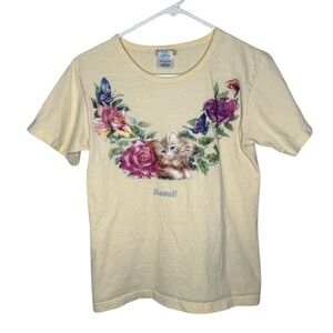 Cotton Soft Vintage Kitten Hawaii Yellow MFG By Air Waves Joan Marie Shirt Small
